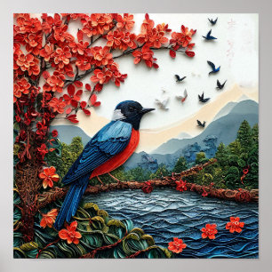 Vogel auf Sakura-Zweig Natur-Dekor-Druck 🎁 Poster