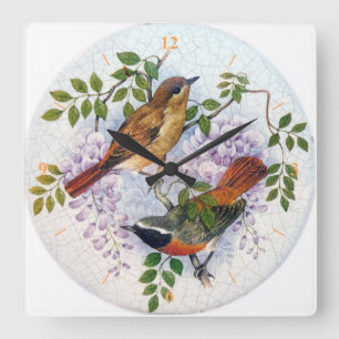Vögel aus Porzellan. Quadratische Wanduhr