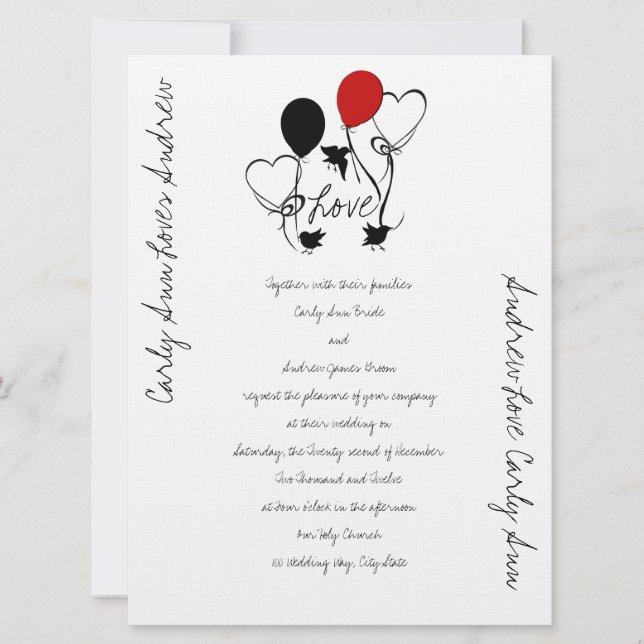 Vögel, Balloons und Herz Hochzeiten Einladung (Vorderseite)