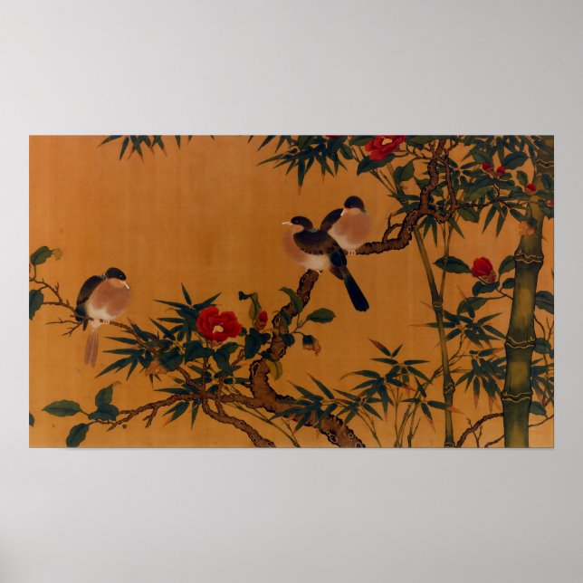 Vögel, Bambus, Kamelien, Japanisch Art 1644-1911 Poster (Vorne)