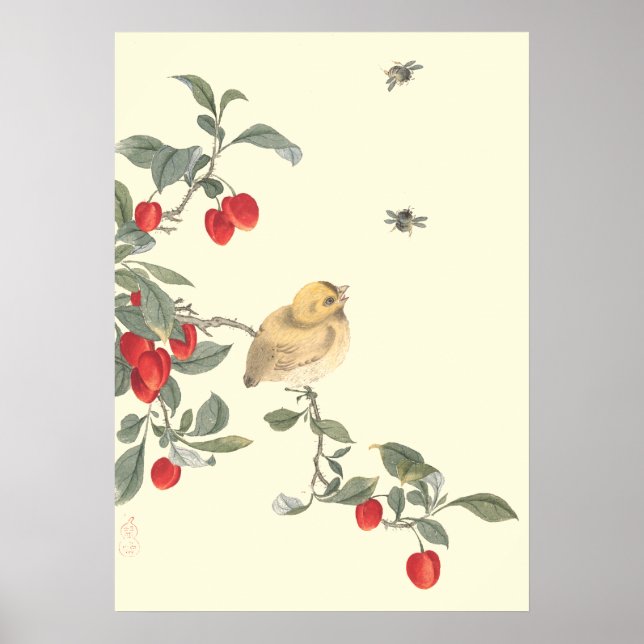 Vögel, Bienen und Kirschen, antike orientalische K Poster (Vorne)