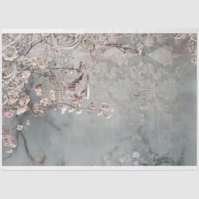 Vogel & Birdcage, Shabby Chic Blumenfantasie Seidenpapier (Vorderseite)