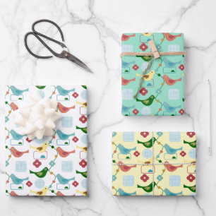 Vögel Blume Retro Moderne Muster Mitte Jahrhundert Geschenkpapier Set