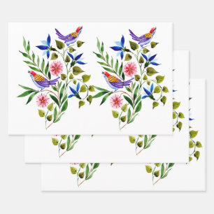 Vögel Blumen Aquarell Geburtstagstag Polterabend  Geschenkpapier Set