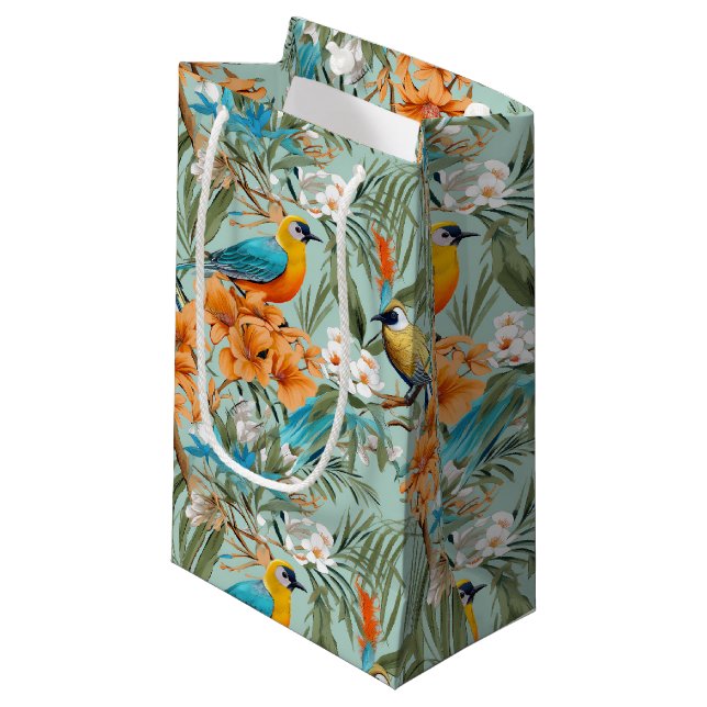 Vögel Chinoiserie Minz Orange Kleine Geschenktüte (Vorderseite Schrägansicht)