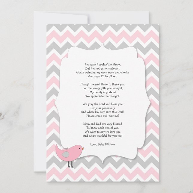 Vogel, den Babyparty Ihnen danken, merkt rosa Grau Dankeskarte (Vorderseite)