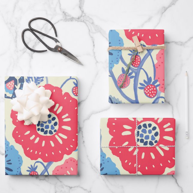Vögel der Volkskunst, Erdbeeren und Blume drucken Geschenkpapier Set (Vorderseite)