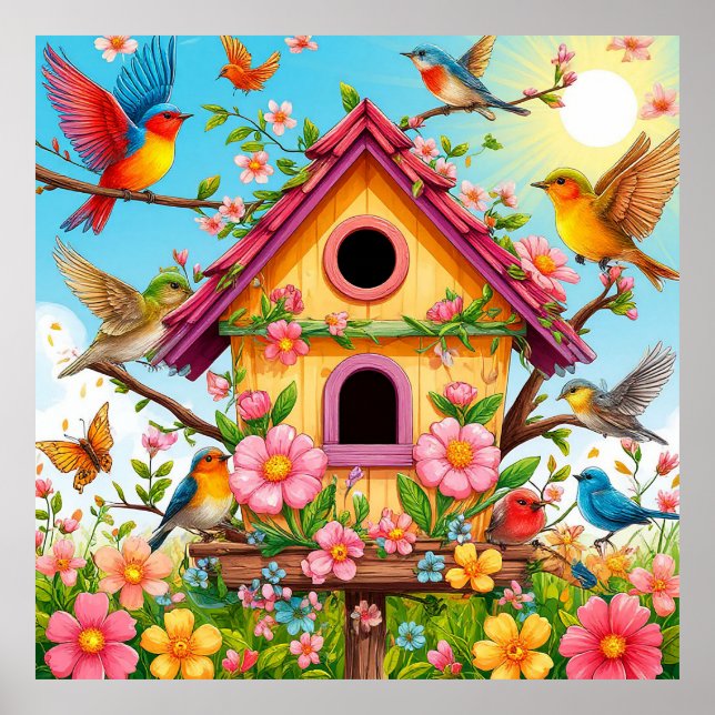Vögel, die um ein Vogelhaus herumziehen Poster (Vorne)