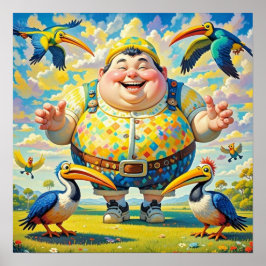 Vögel, die um einen glücklichen Mann fliegen Poster