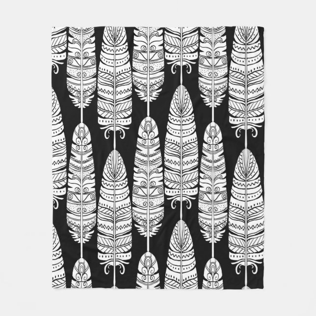 Vögel federn boho nahtlose Muster in schwarz und s Fleecedecke (Vorderseite)
