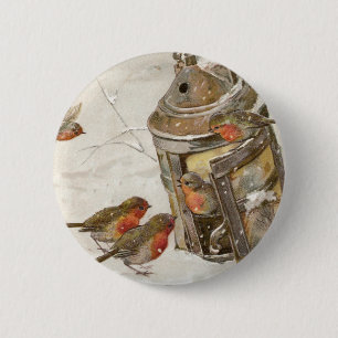 Vögel finden Schutz in Laterne Vintage-Weihnachten Button