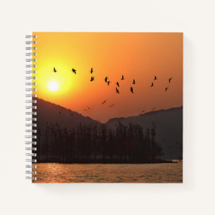 Vögel fliegen im Sonnenuntergangshimmel über dem E Notizbuch