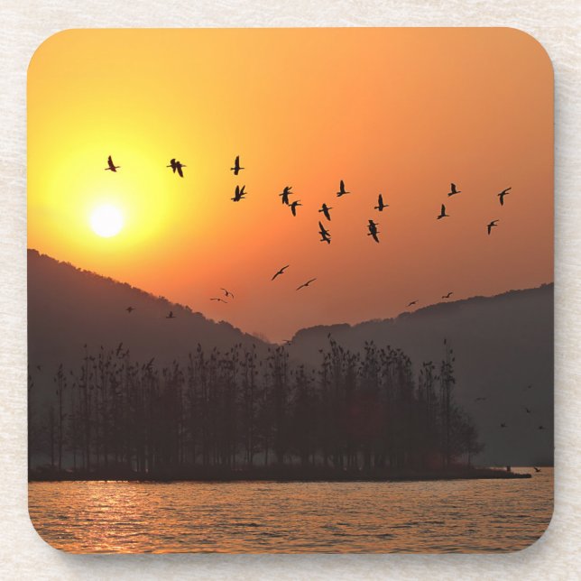 Vögel fliegen in Sunset Sky über den East Lake Getränkeuntersetzer (Vorderseite)