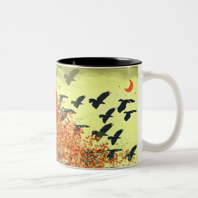 Vögel fliegen roten Mond Zweifarbige Tasse (Rechts)