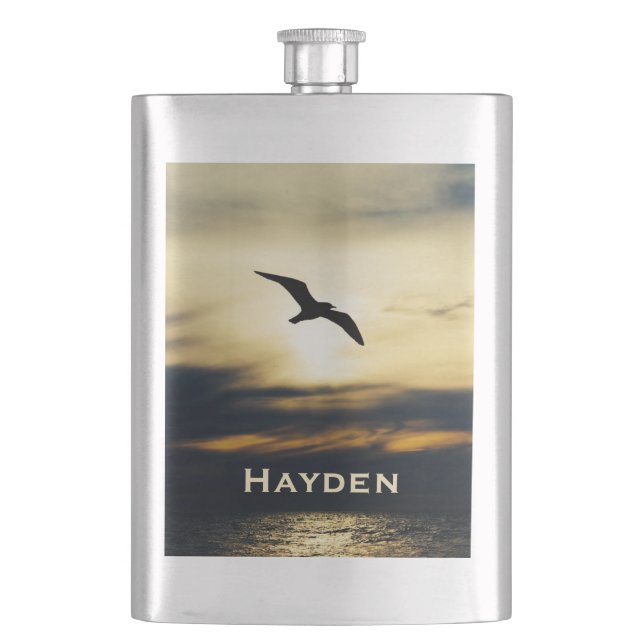 Vogel Flying Silhouette Sunset Personalisiert Flachmann (Vorderseite)