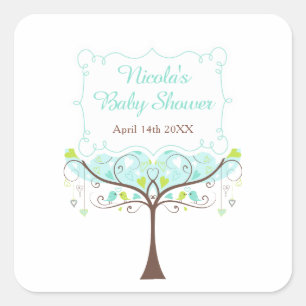 Vögel Herzen Baum Blau und Grün Baby Shower Quadratischer Aufkleber