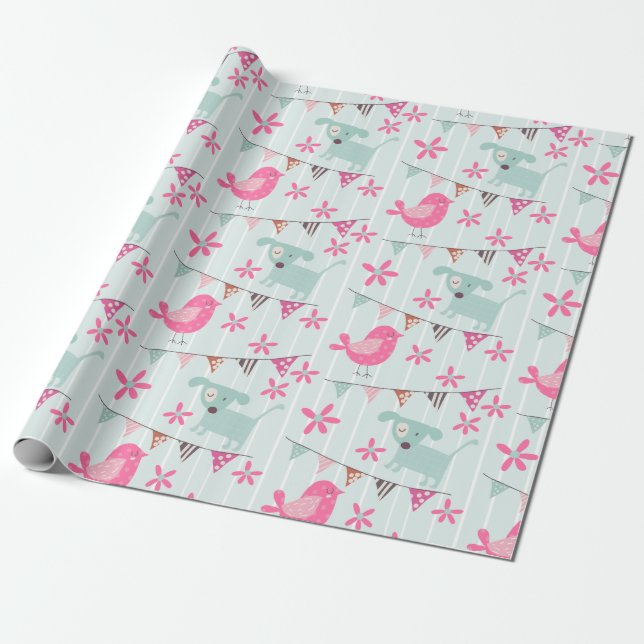 Vögel, Hunde, Banner, Blume Geschenkpapier (Ungerollt)