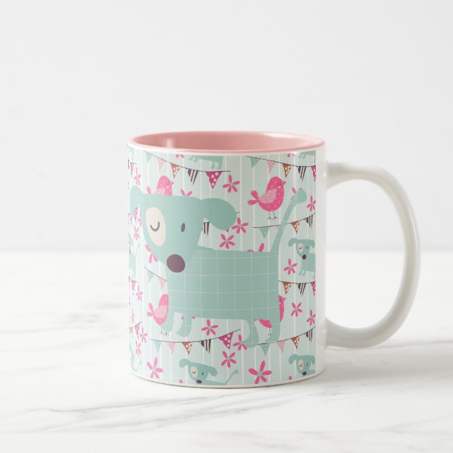 Vögel, Hunde, Fahnen, Blumen Zweifarbige Tasse (Rechts)