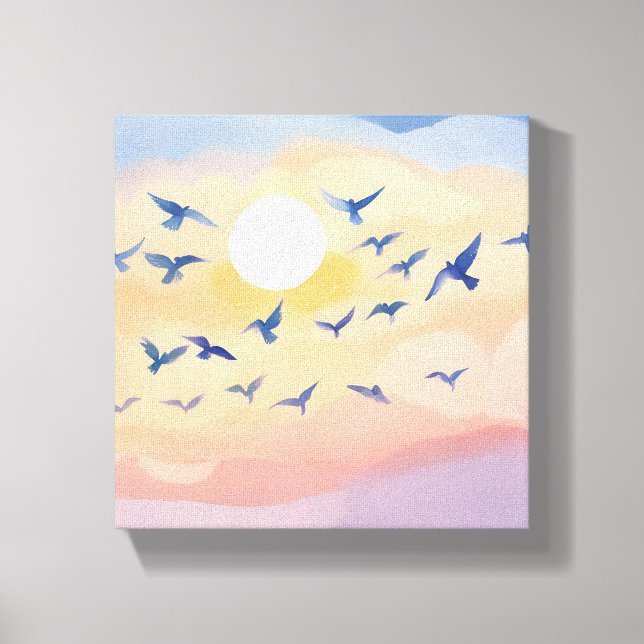 Vögel im Flug | Sonnenuntergang Wasserfarbe Leinwanddruck (Vorderseite)