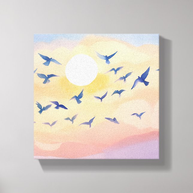 Vögel im Flug | Sonnenuntergang Wasserfarbe Leinwanddruck (Vorderseite)