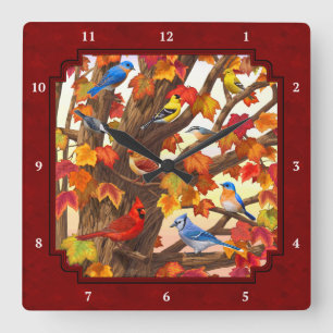 Vögel im Herbst Ahornbaum rot Quadratische Wanduhr