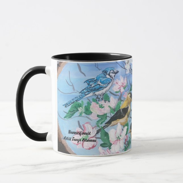 Vögel im Hinterhof Handgemalte Kunst Tasse (Links)