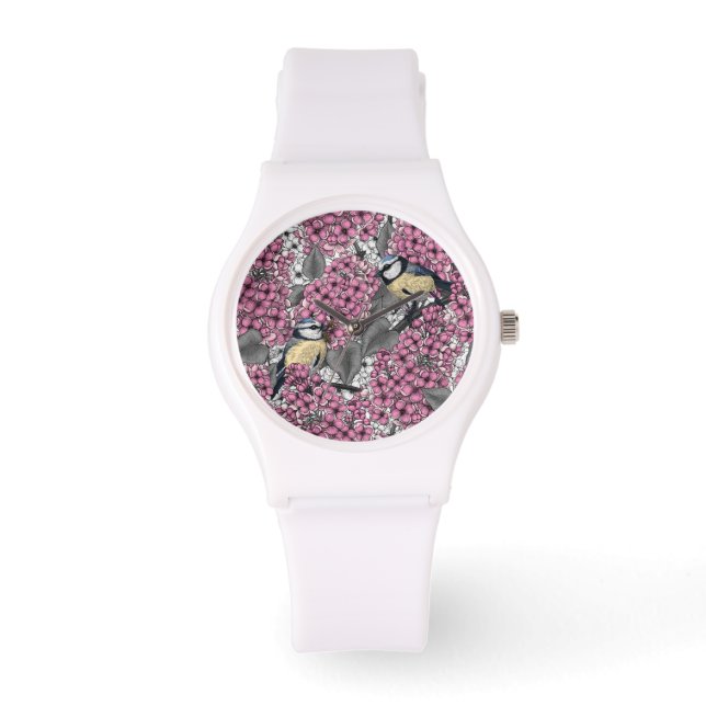 Vögel im Rosa-lila-Garten Armbanduhr (Vorderseite)