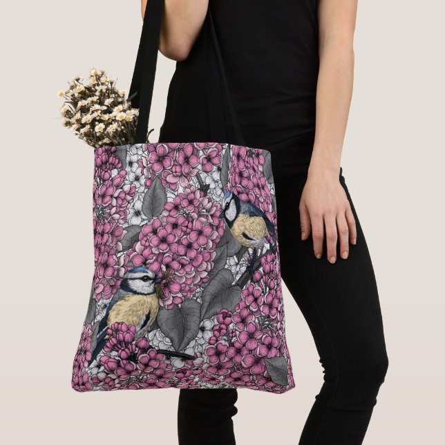 Vögel im Rosa-lila-Garten Tasche (Von Nahem)