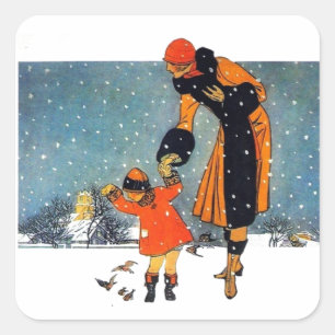 Vögel im Schnee füttern Klassischer Rundsticker Quadratischer Aufkleber