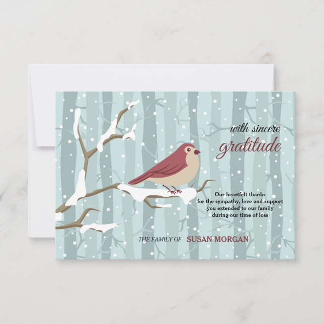 Vogel im Schnee-Trauerfall danken Ihnen zu Dankeskarte (Vorderseite)