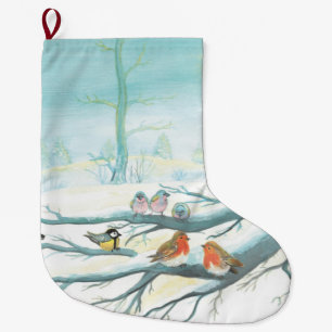Vögel im weißen Winter Großer Weihnachtsstrumpf