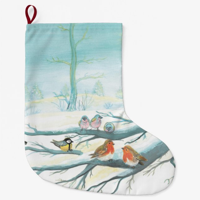 Vögel im weißen Winter Großer Weihnachtsstrumpf (Vorderseite)