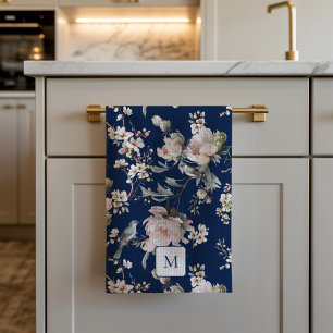 Vögel in Blüten Navy Blau Wasserfarbe Monogramm  Geschirrtuch