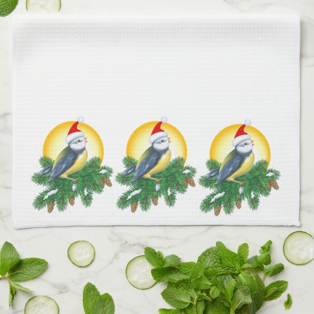 Vögel in der Weihnachtsmannmütze Geschirrtuch (Gefaltet)