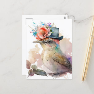 Vogel in einem Extravaganten Hut mit Blume Wasserf Postkarte