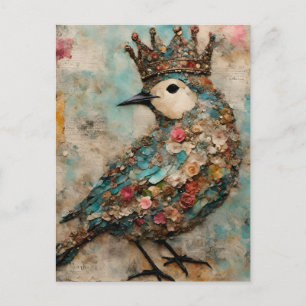 Vogel in einer Crown Mixed Media Collage Postkarte