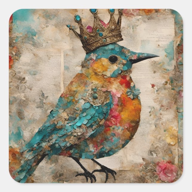 Vogel in einer Crown Mixed Media Collage Quadratischer Aufkleber (Vorderseite)