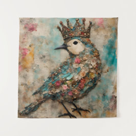 Vogel in einer Crown Mixed Media Collage Wandteppich