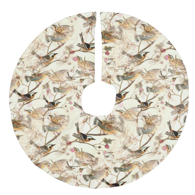 Vögel in einer Zweigstelle Leinenimitat Weihnachtsbaumdecke (Vorderseite)