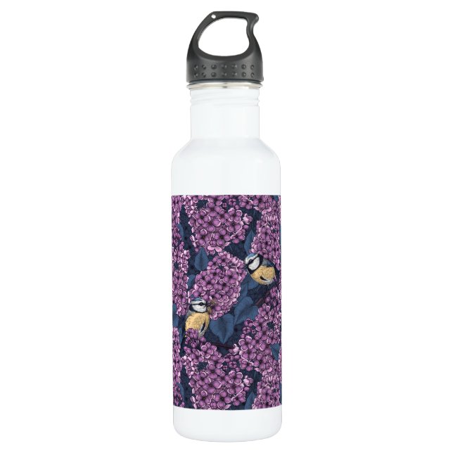 Vögel in violettem lila Garten Edelstahlflasche (Vorderseite)