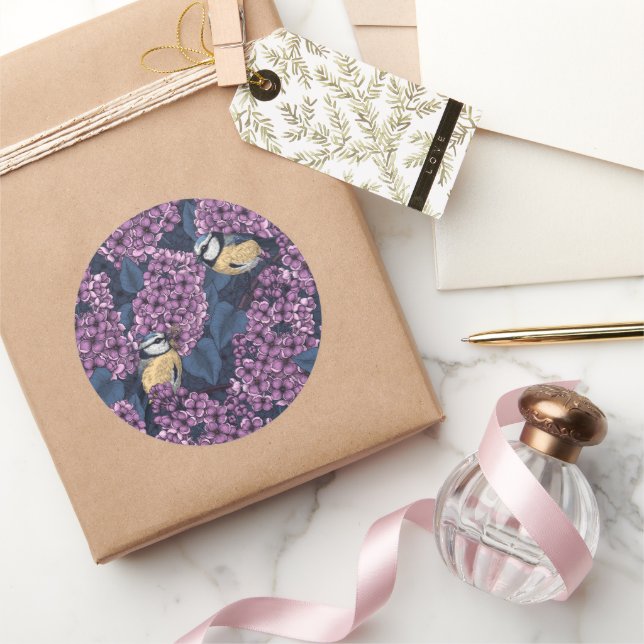 Vögel in violettem lila Garten Runder Aufkleber (Schenken)