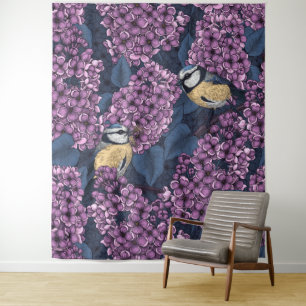 Vögel in violettem lila Garten Wandteppich