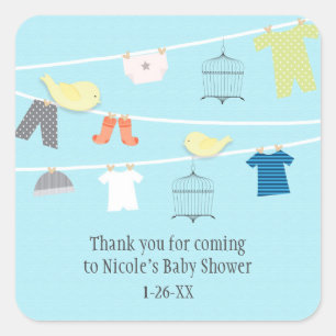 Vögel & Kleidung auf Draht-Baby-Shower-Geschenk-Au Quadratischer Aufkleber