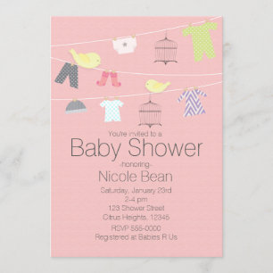 Vögel & Kleidung auf einem Draht Baby Shower Einla Einladung