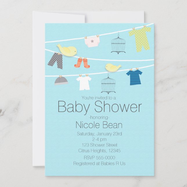 Vögel & Kleidung auf einem Draht Baby Shower Einla Einladung (Vorderseite)
