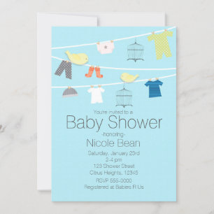 Vögel & Kleidung auf einem Draht Baby Shower Einla Einladung
