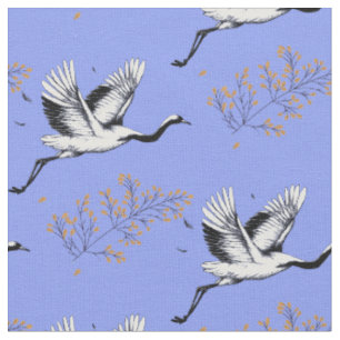 Vögel Krane Japanisch. Zweige von Pflanze.Blau Stoff
