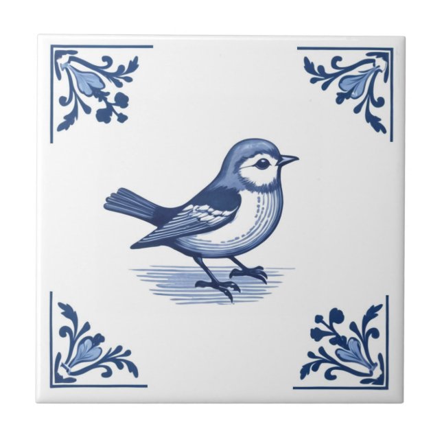 Vogel mit blau-weißen Florenkecken von Delft Fliese (Vorderseite)