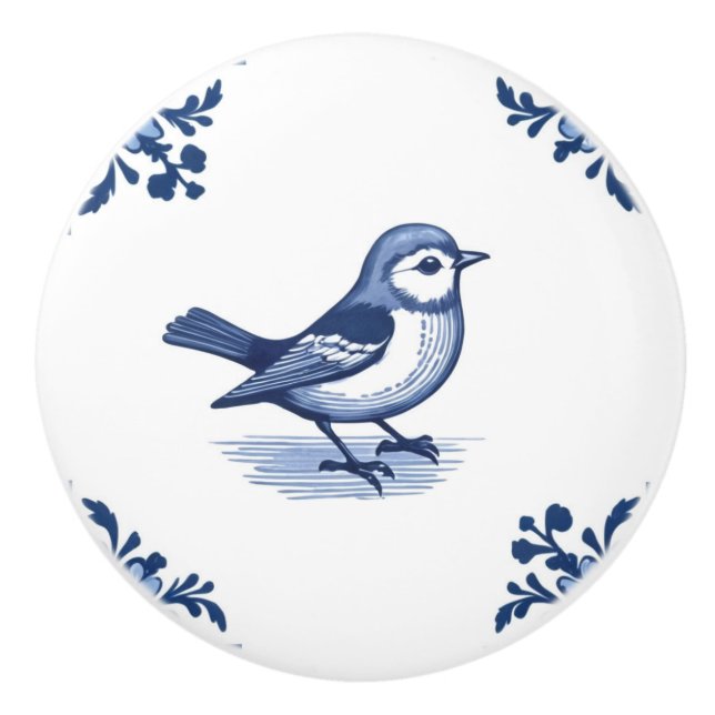 Vogel mit blau-weißen Florenkecken von Delft Keramikknauf (Vorderseite)