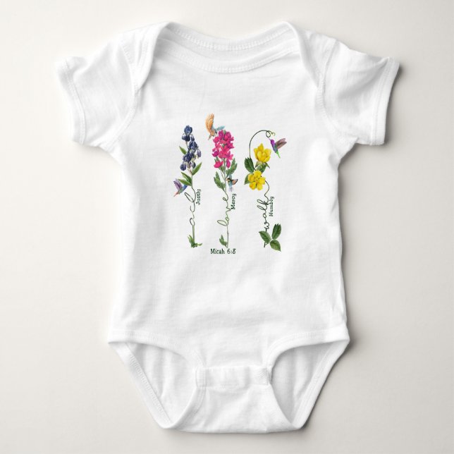 Vogel mit Blume Gerechtigkeit Liebe Gnade und gehe Baby Strampler (Vorderseite)